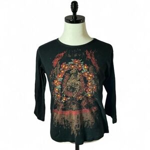 Creative Apparel‎ Concepts Floral Graphic Black 3/4 Sleeve Grunge Top
